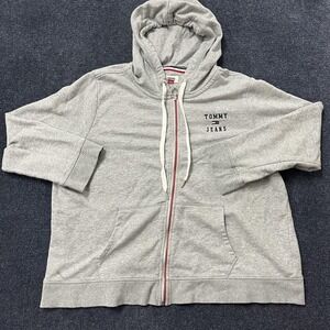 Tommy Jeans Hoodie Womens 1X Gray Full Zip Sweatshirt Logo Spell Out Graphic